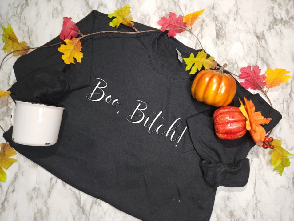 Black sweatshirt/crewneck with white boo bitch lettering.